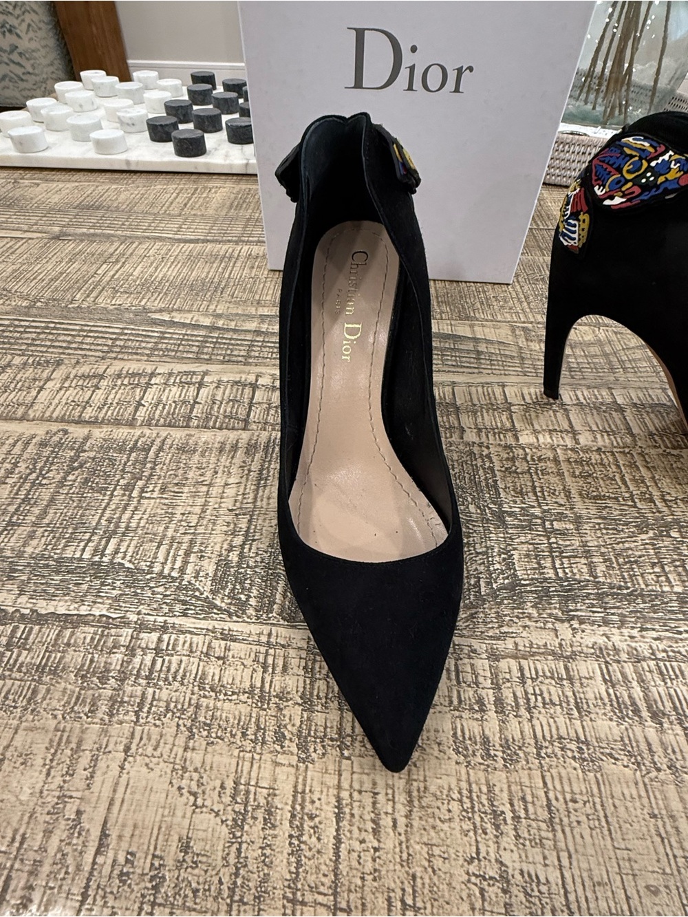 Dior Black Suede Pointed Pumps with Multicolor Embellished Heel Accent - Picture 7 of 15